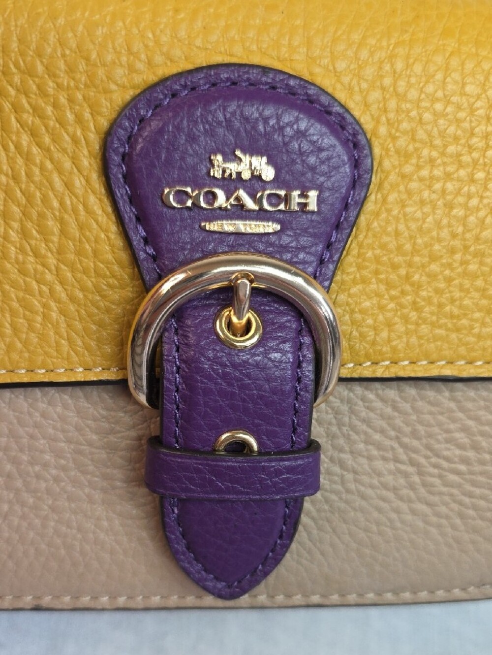 Coach Kleo Colorblock Pebbled Leather Crossbody in Yellow, Beige & Purple - Picture 2 of 8